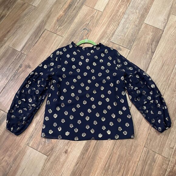 Lilly Pulitzer Giana True Navy Silk Blouse Gold Metallic Shell Design Small EUC - Picture 5 of 9
